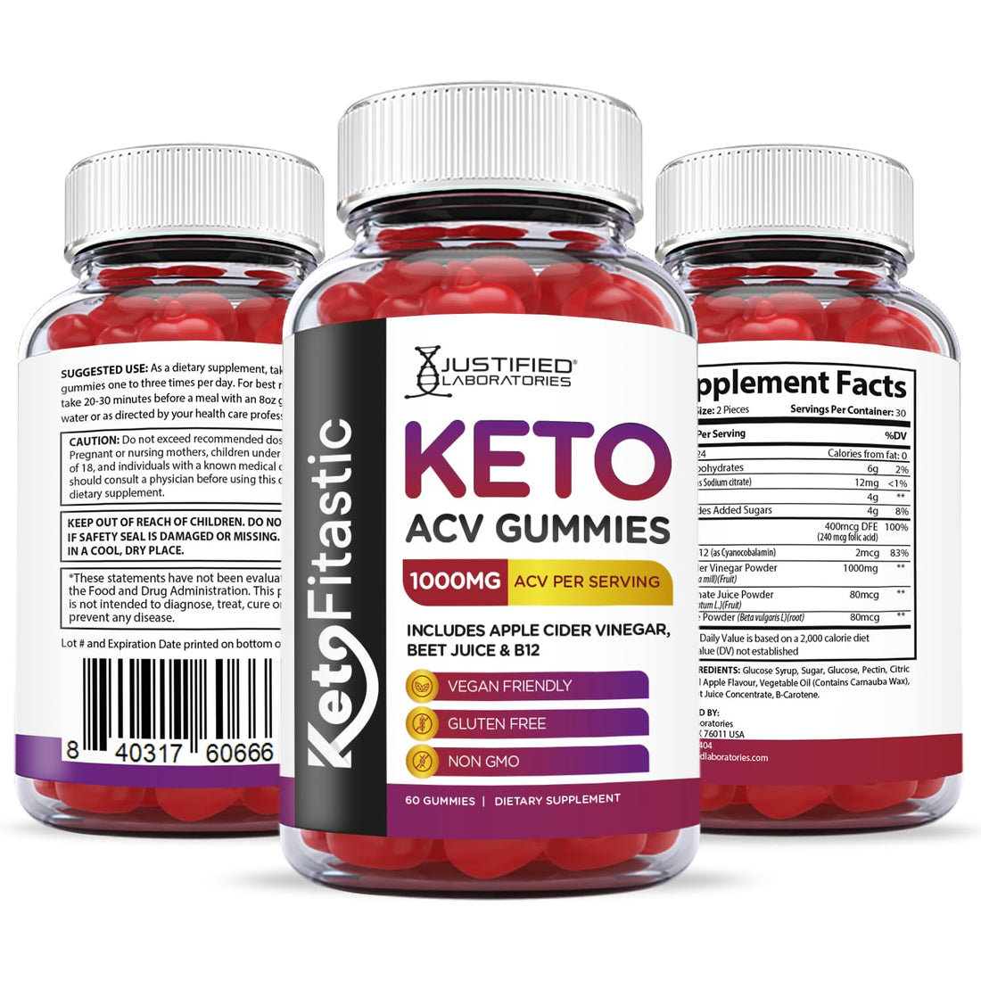 Justified Laboratories (5 Pack) Ketofitastic Keto Gummies 1000MG ACV with Pomegranate 