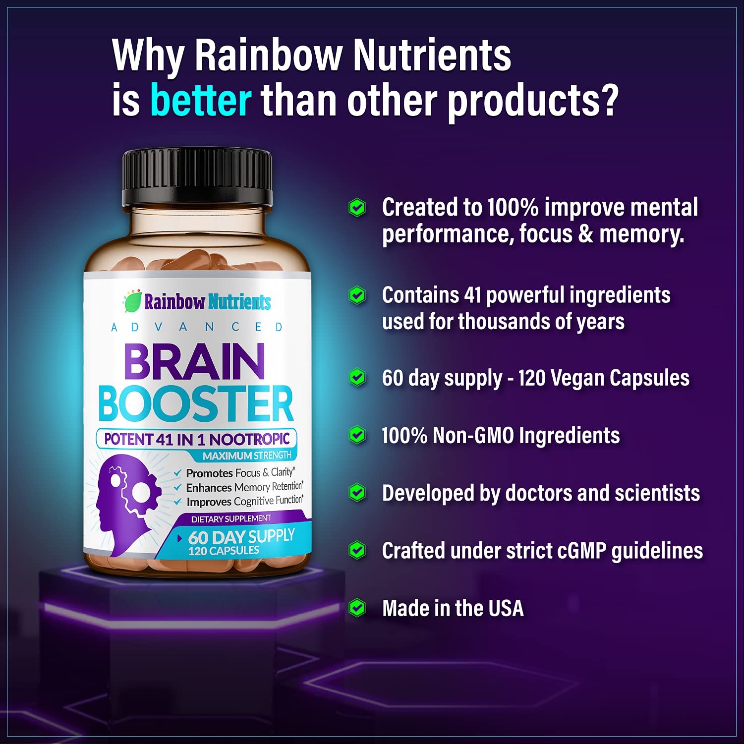 40-in-1 Brain Booster Supplements for Memory, Focus, Clarity, Energy, Performance Rainbow Nutrients, LLC