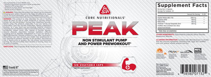 Core Nutritionals Peak, Non-Stimulant Preworkout with VasoDrive-AP® and Peak ATP® for Pumps and Endurance, (120 Count)