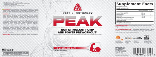 Core Nutritionals Peak, Non-Stimulant Preworkout with VasoDrive-AP® and Peak ATP® for Pumps and Endurance, (120 Count)