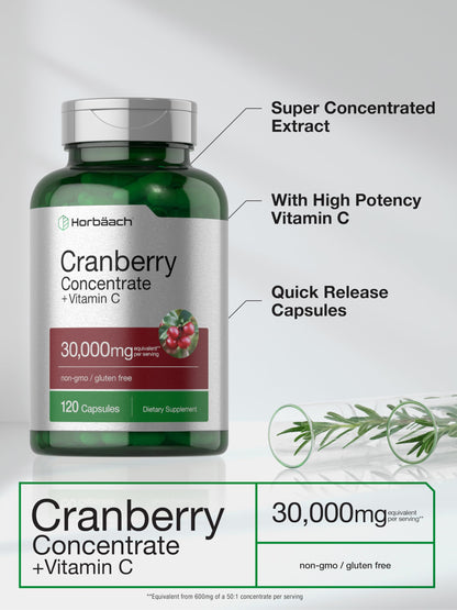Cranberry Concentrate Extract Pills + Vitamin C | 30,000mg | 120 Capsules | Triple Strength Horbäach