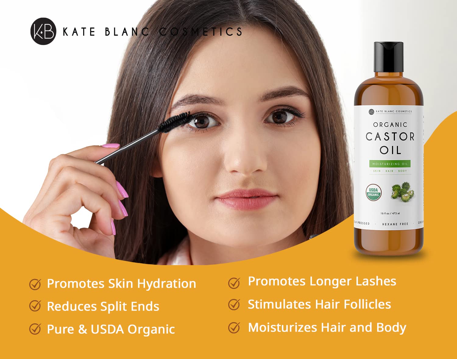 Kate Blanc Cosmetics Castor Oil 16oz - USDA Certified Organic. Cold-Pressed, 100% Pure Kate Blanc Cosmetics