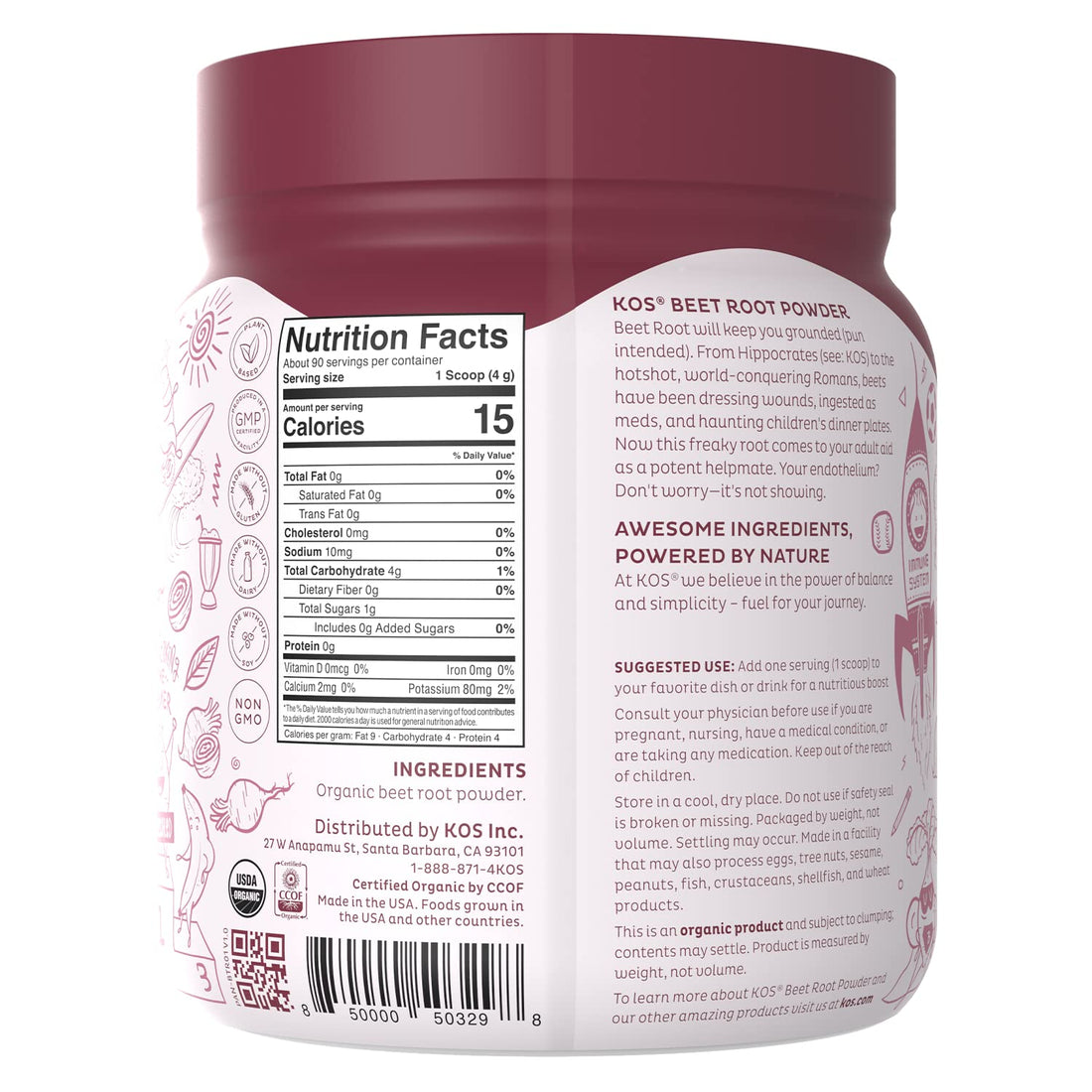 KOS Organic Beet Root Powder - USDA Certified, Nitric Oxide Booster, Non-GMO, Gluten 