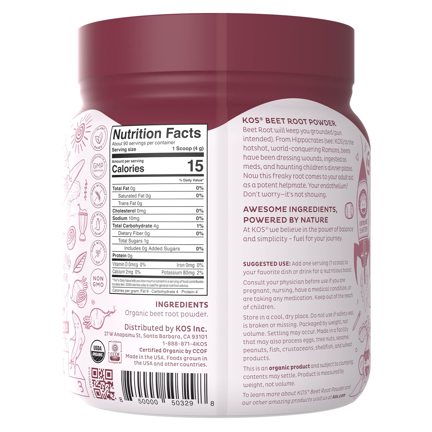 KOS Organic Beet Root Powder - USDA Certified, Nitric Oxide Booster, Non-GMO, Gluten KOS
