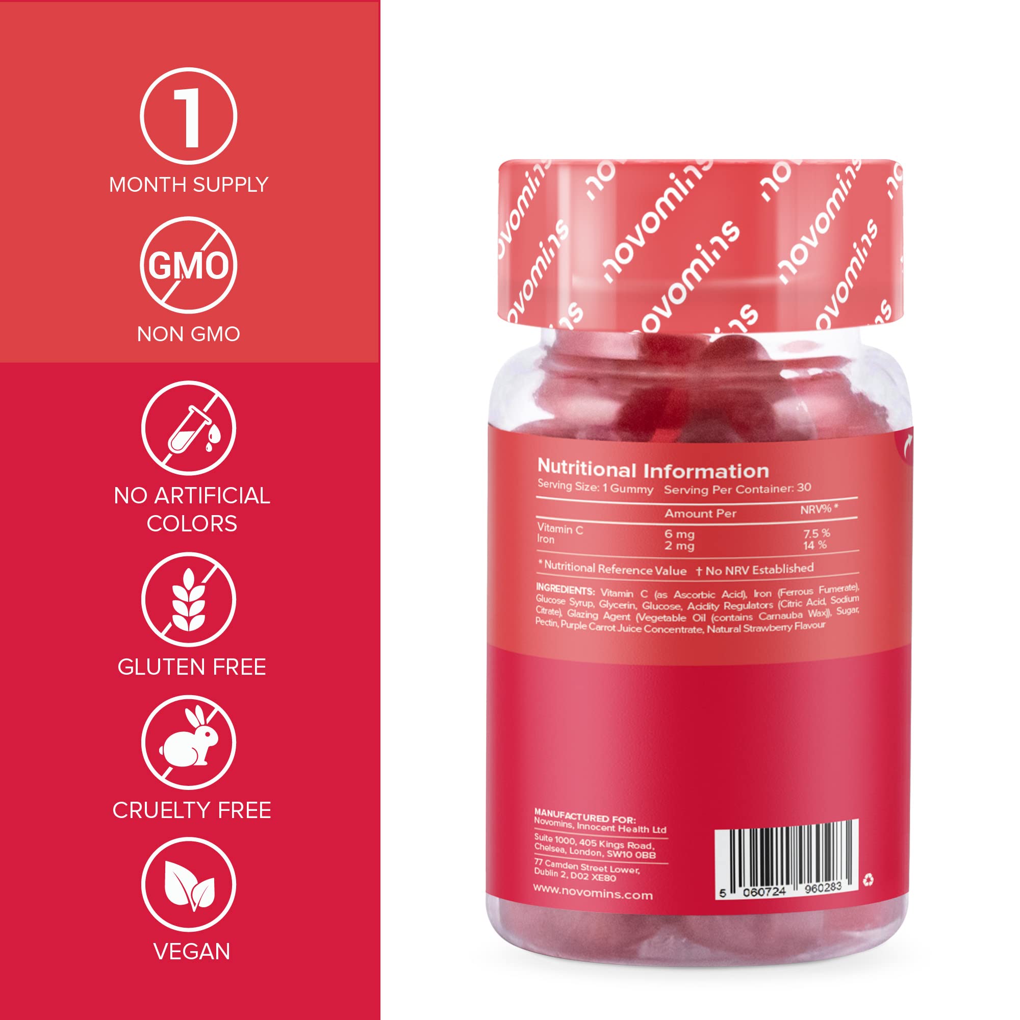 Kids Iron Gummies – Iron Supplement for Kids – Energy & Immune System – Vegan novomins