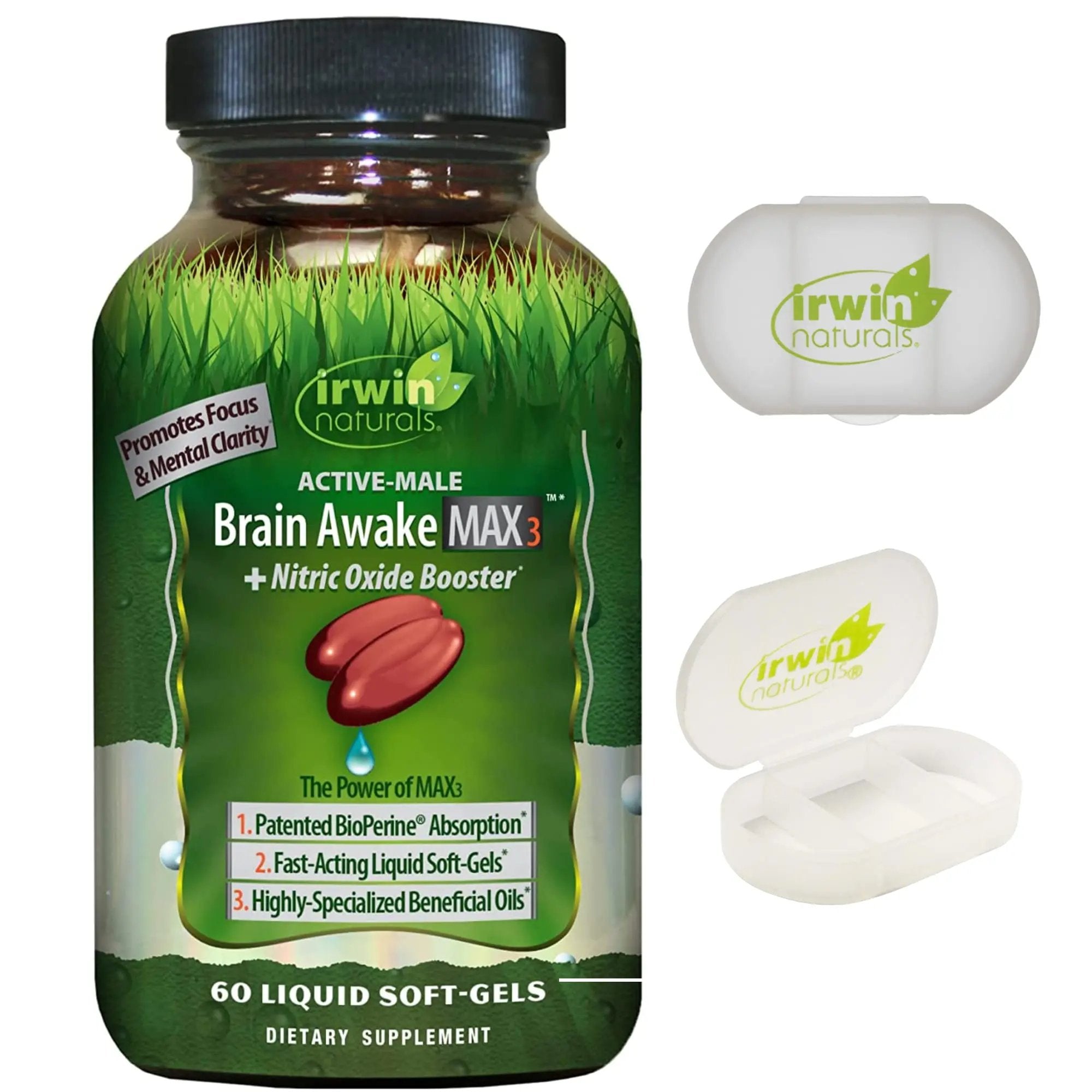 Irwin Naturals Brain Awake Max3 + Nitric Oxide Booster 60 Count with Pill Case