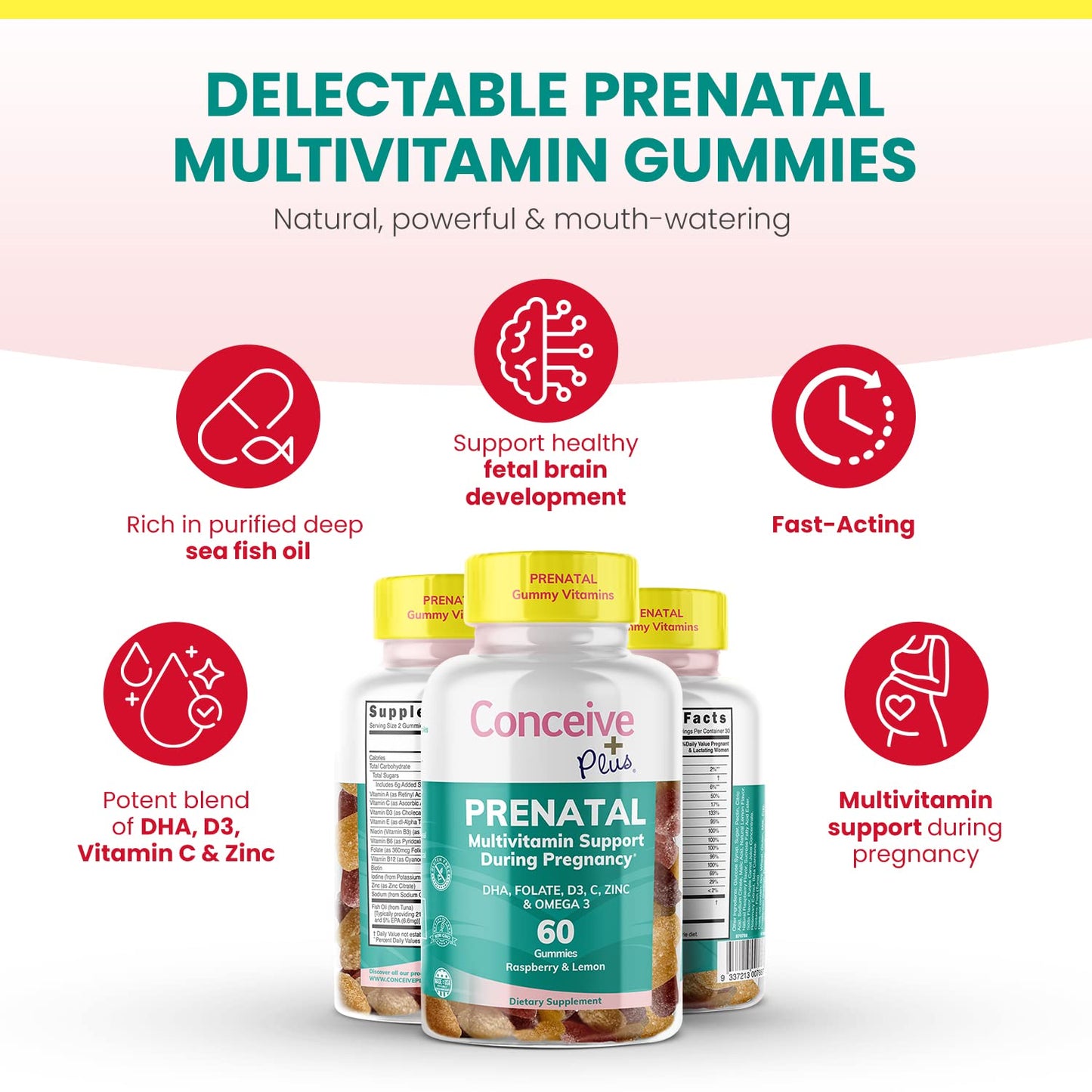 CONCEIVE PLUS Prenatal Gummies - DHA, Folic Acid, Vitamin D3, C, Zinc, and Omega 3, Natural Lemon