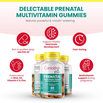CONCEIVE PLUS Prenatal Gummies - DHA, Folic Acid, Vitamin D3, C, Zinc, and Omega 3, Natural Lemon