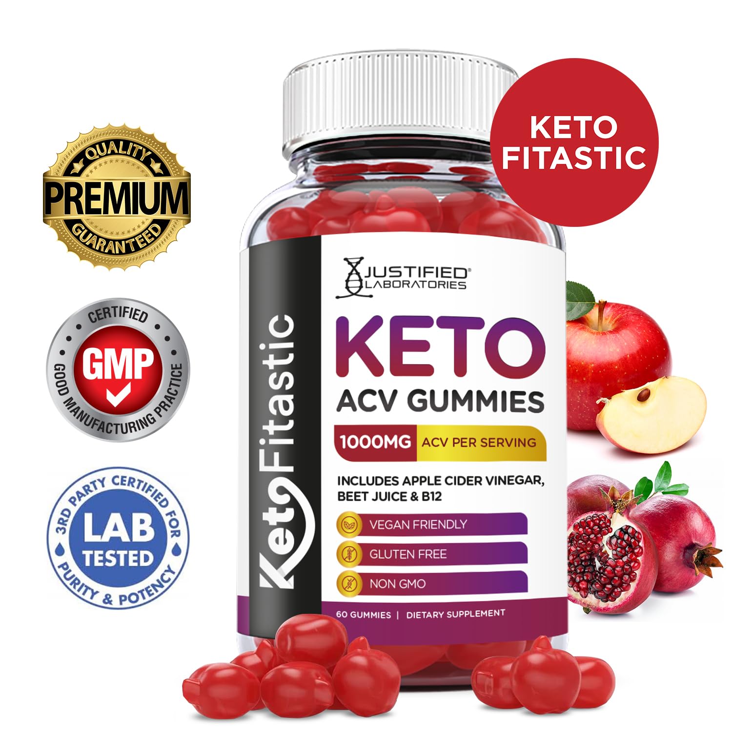 Justified Laboratories (5 Pack) Ketofitastic Keto Gummies 1000MG ACV with Pomegranate Justified Laboratories