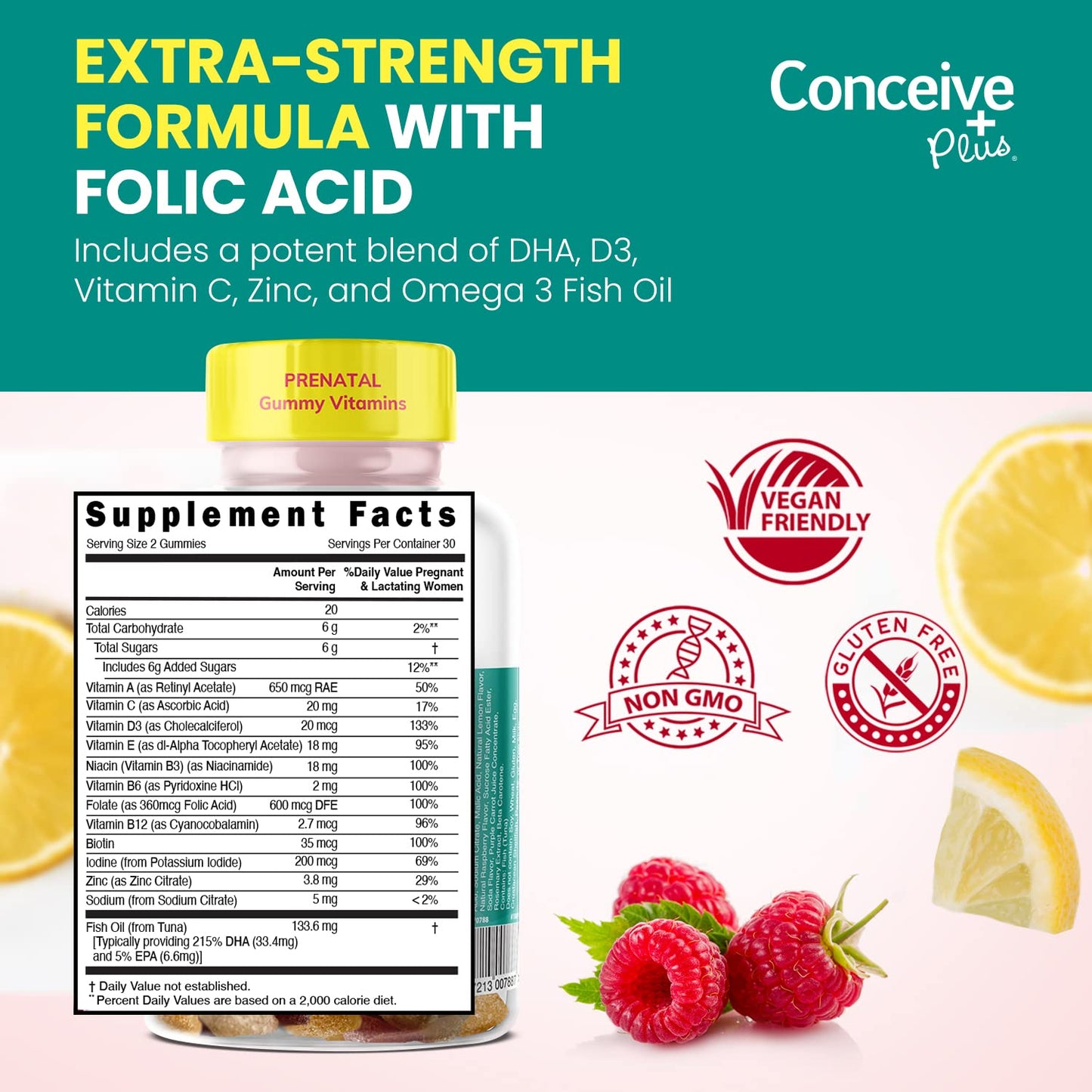 CONCEIVE PLUS Prenatal Gummies - DHA, Folic Acid, Vitamin D3, C, Zinc, and Omega 3, Natural Lemon