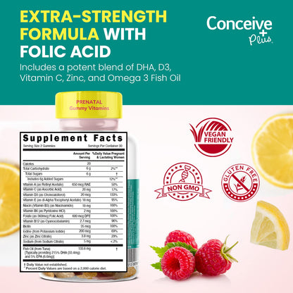 CONCEIVE PLUS Prenatal Gummies - DHA, Folic Acid, Vitamin D3, C, Zinc, and Omega 3, Natural Lemon