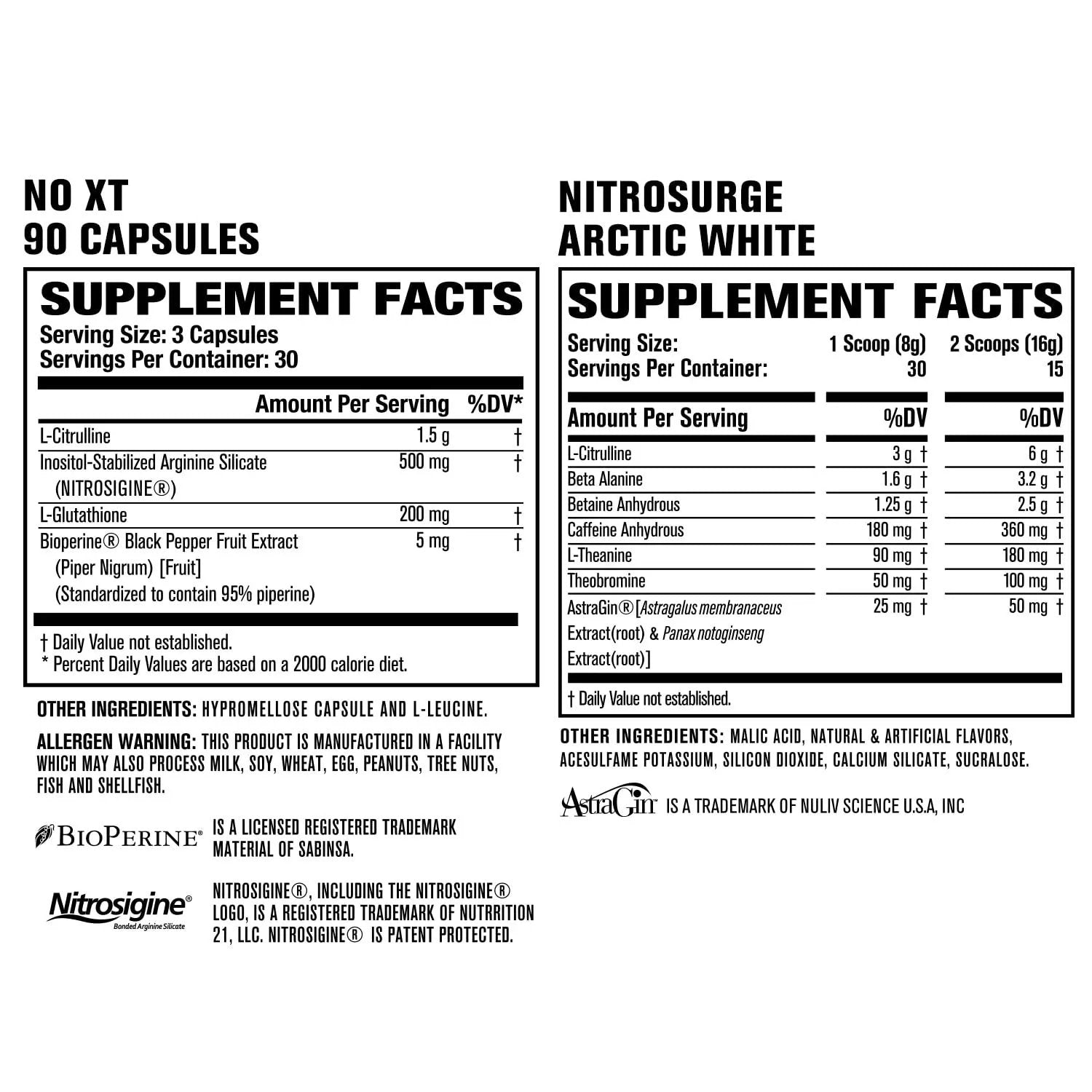 Jacked Factory Nitrosurge Pre-Workout in Arctic White & N.O. XT Nitric Oxide Booster for Men & Women