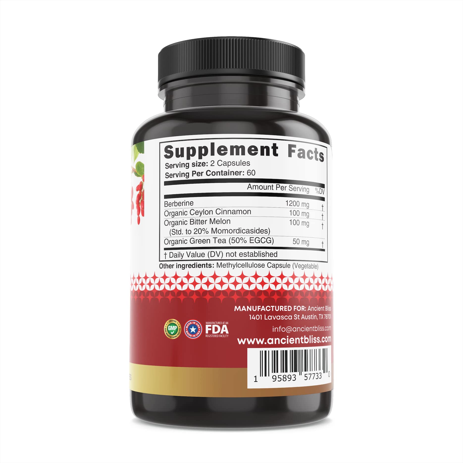 Ancient Bliss Berberine HCL 1200mg with Ceylon Cinnamon, Bitter Melon, and Green Tea Ancient Bliss