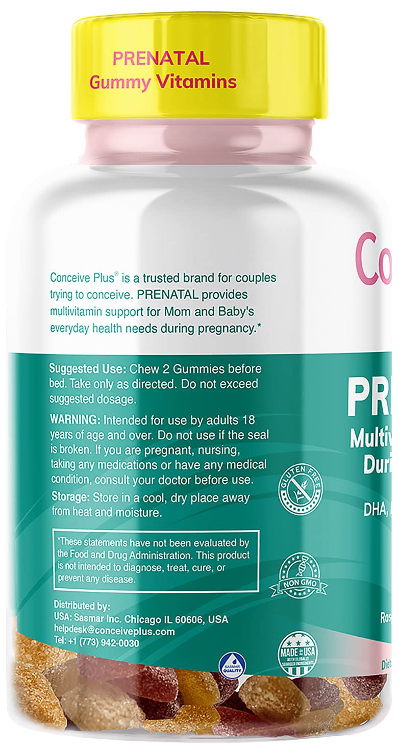 CONCEIVE PLUS Prenatal Gummies - DHA, Folic Acid, Vitamin D3, C, Zinc, and Omega 3, Natural Lemon