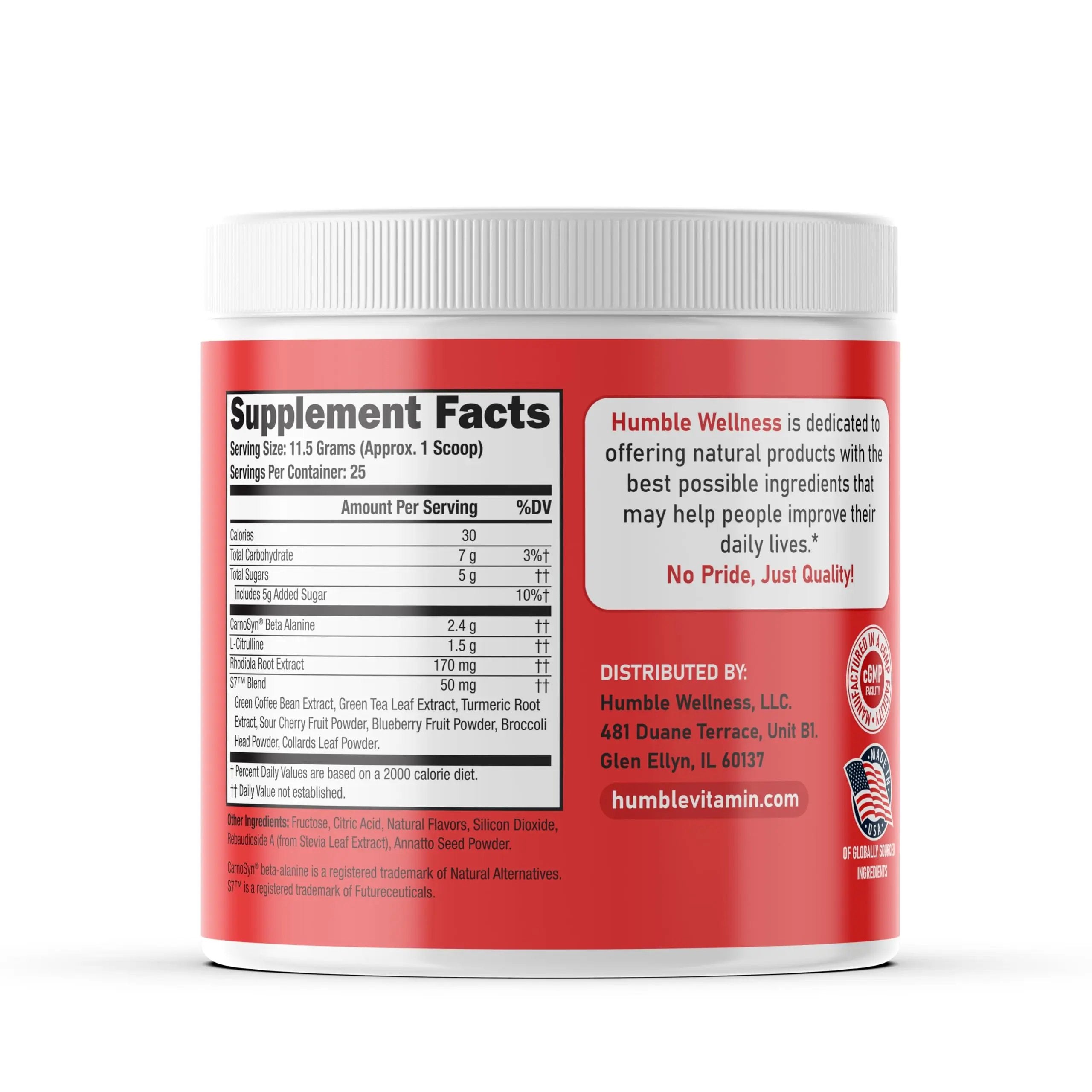 Humble Wellness Pre-Workout: Increase Focus, Decrease Mental Fatigue, Supports Nitric Oxide Booster, Decrease Muscle Fatigue, No Artificial Colors, Vegan, Non GMO, 25 Servings