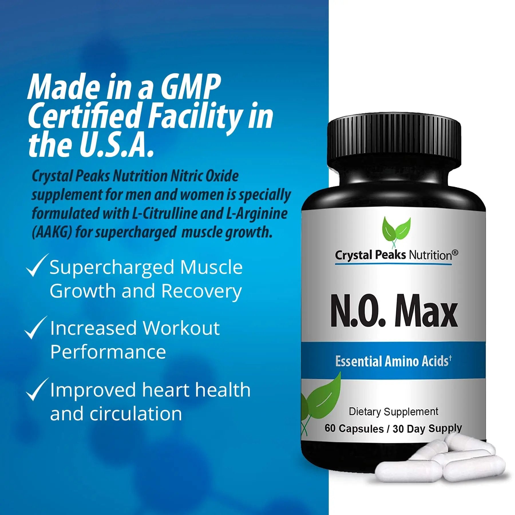 CRYSTAL PEAKS NUTRITION N.O. Max Nitric Oxide Supplement - L Arginine, Citrulline Malate, AAKG, Beta Alanine pre-Workout Performance Amino acids - 60 Capsules