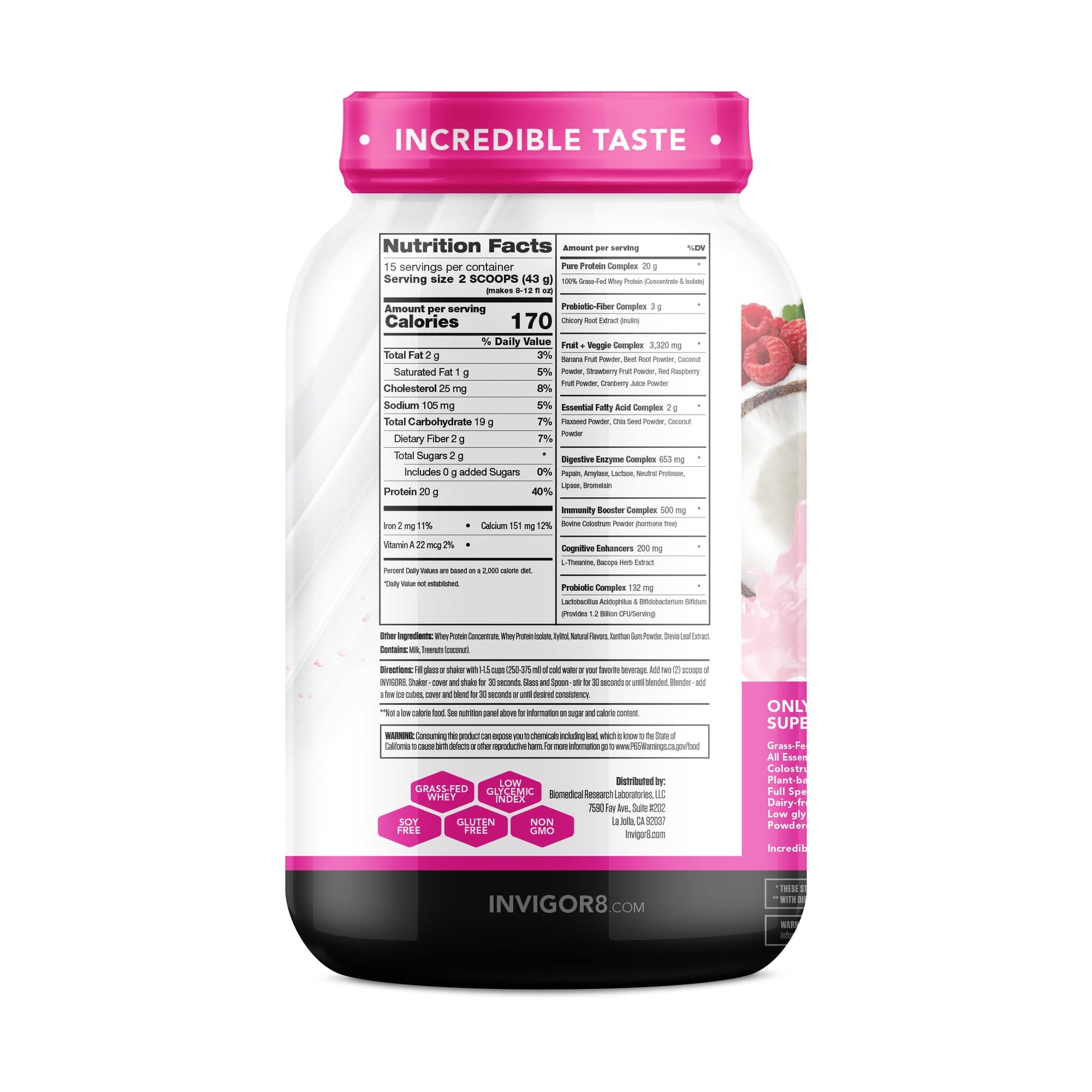 INVIGOR8 Superfood Grass Fed Whey Protein Isolate Shake Natural Strawberry Gluten-Free INVIGOR8