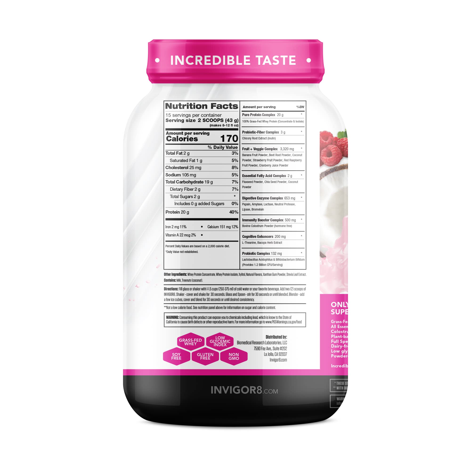 INVIGOR8 Superfood Grass Fed Whey Protein Isolate Shake Natural Strawberry Gluten-Free INVIGOR8