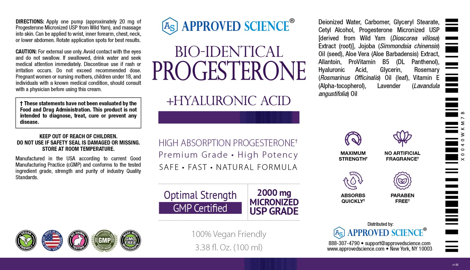 Approved Science Progesterone Cream - Bio-Identical, USP Grade - 20mg Serving - With Hyaluronic Acid Approved Science