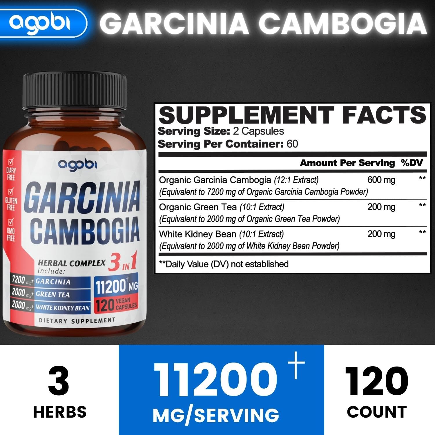 agobi 3in1 Garcinia Cambogia Extract Capsules - 11200mg Herbal Supplement for Body Health agobi