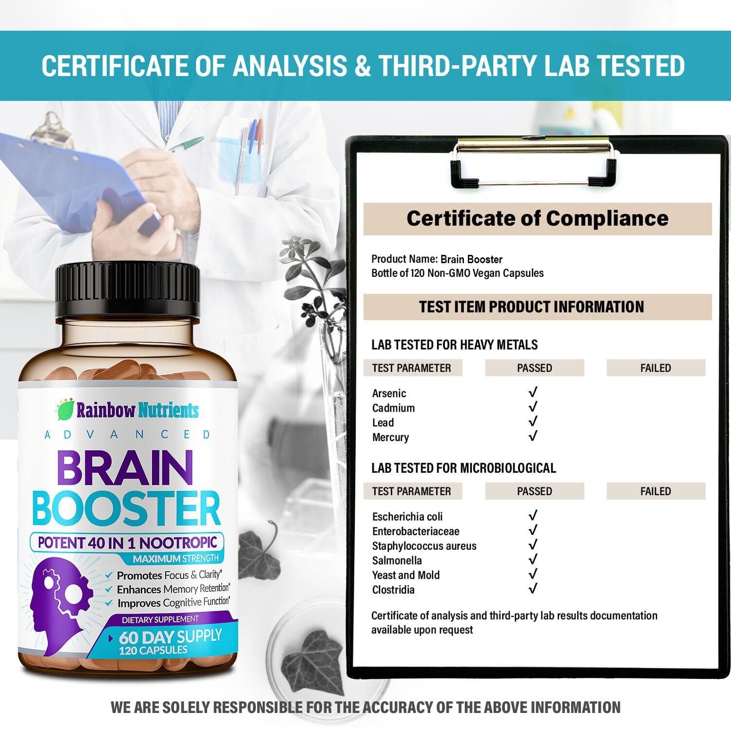 40-in-1 Brain Booster Supplements for Memory, Focus, Clarity, Energy, Performance Rainbow Nutrients, LLC