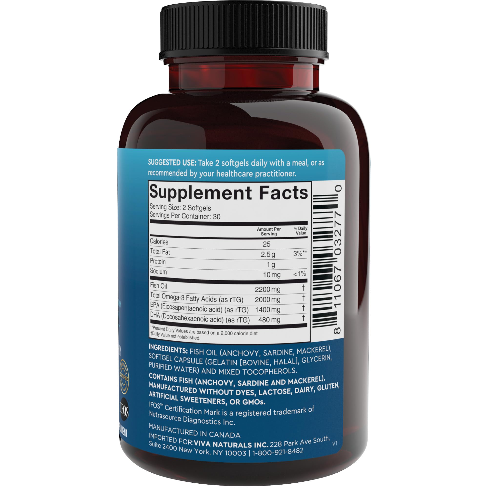 Viva Naturals Triple Strength Omega 3 Fish Oil Supplement - 2200 mg Wild Caught Viva Naturals