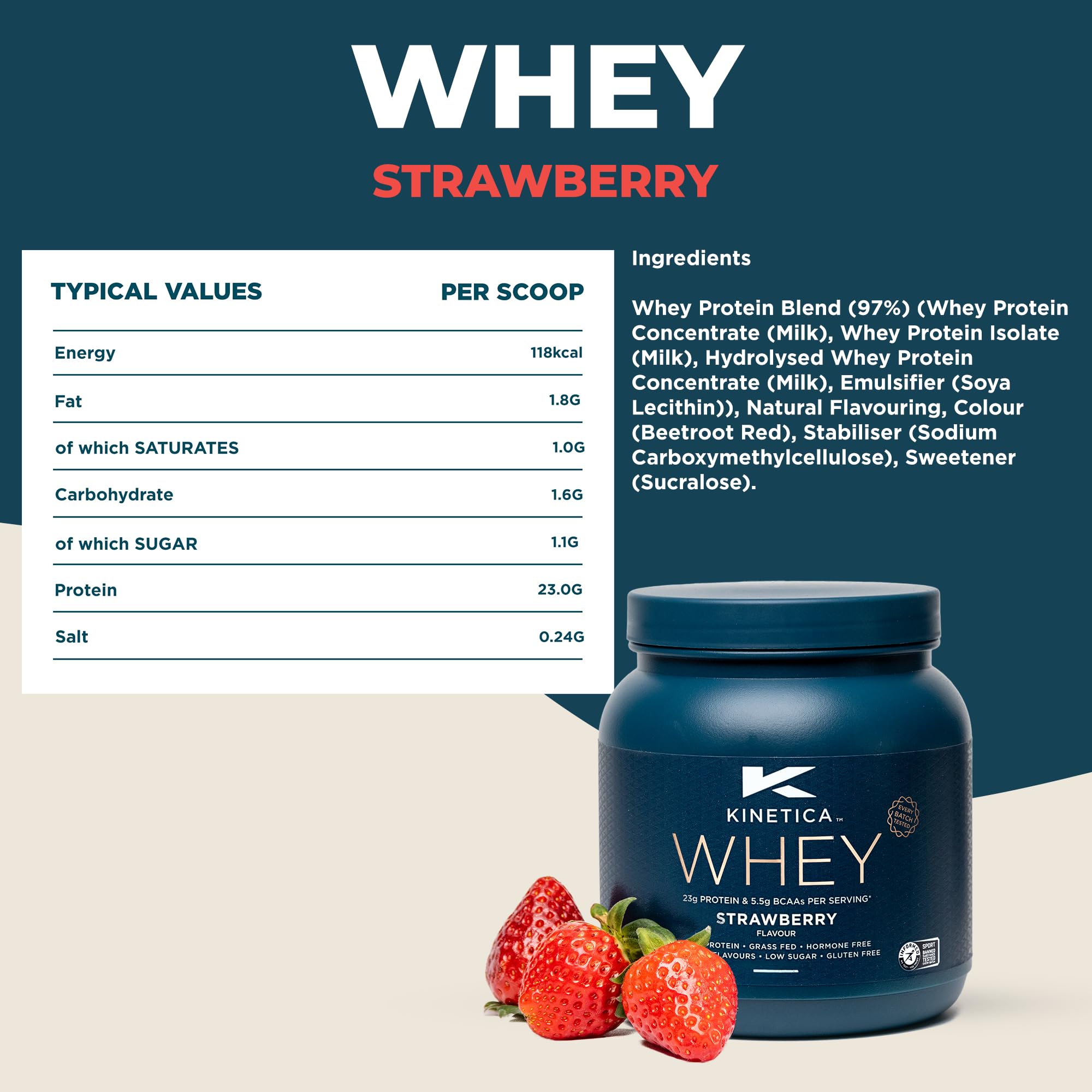 Kinetica Premium Whey Protein Powder | Grass Fed | Strawberry | 1kg | 33 Servings Kinetica