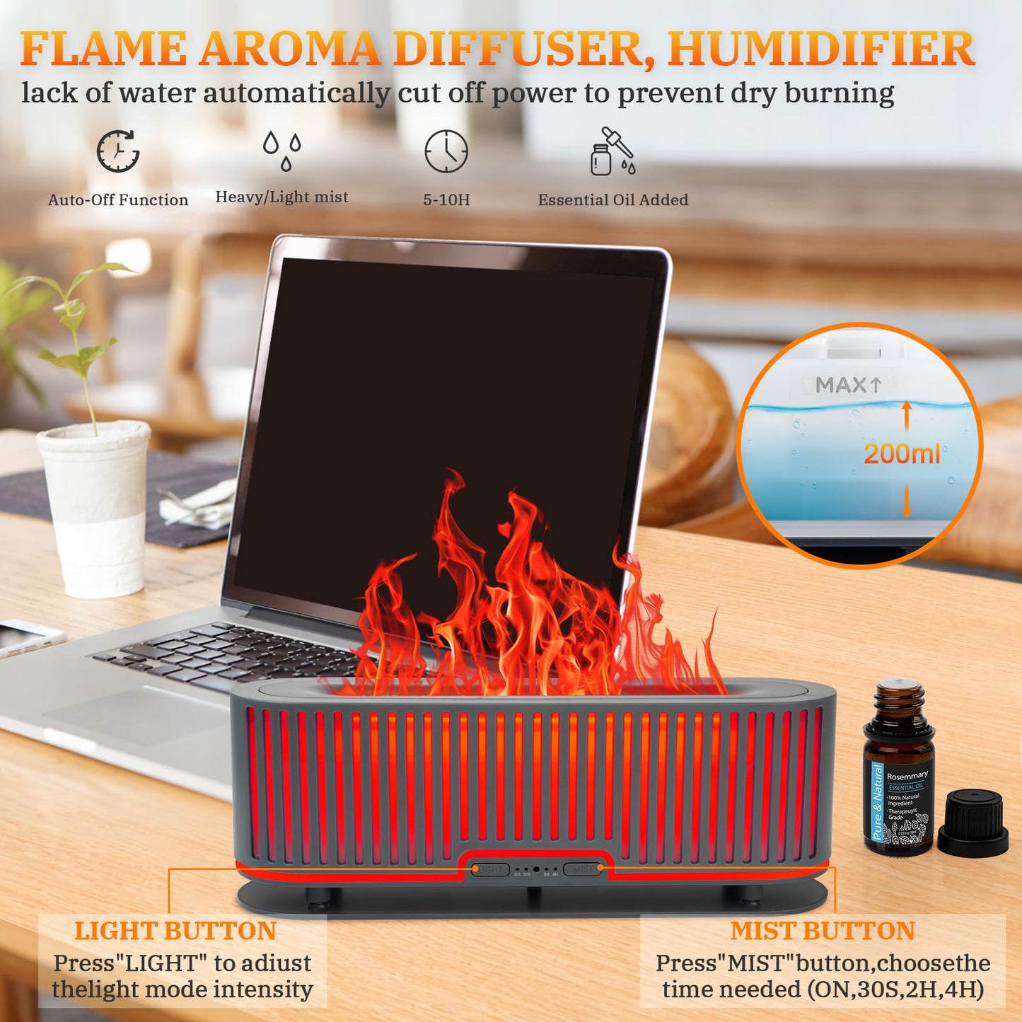 Comfynest Colorful Flame Fire Fireplace Diffuser with 6 Essential Oils Set, Ultrasonic 200ml Essential Oil
