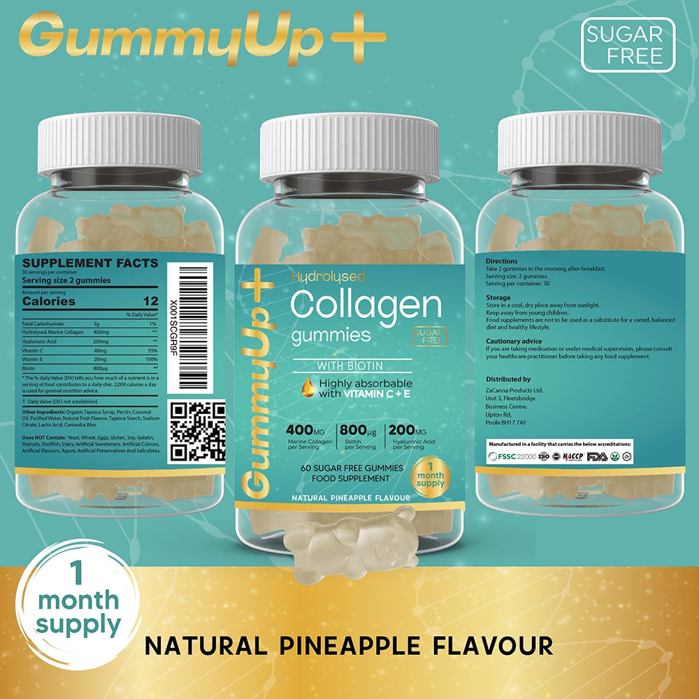 Hydrolysed Collagen Gummies with Biotin, 60 Sugar Free Natural Pineapple Flavoured Gummies ZA ZACANNA