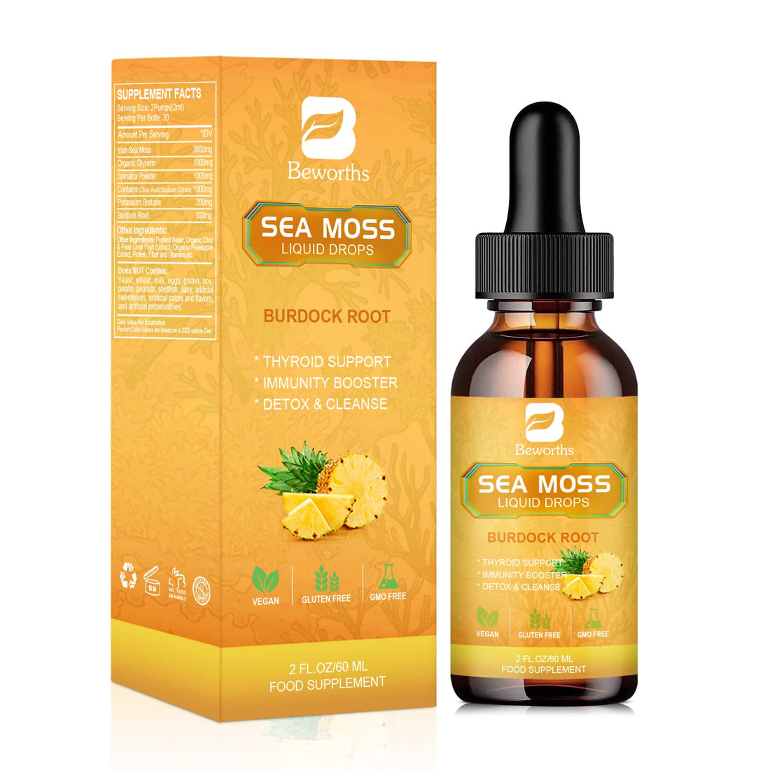 B BEWORTHS Sea Moss Liquid Drops - Organic Irish Sea Moss Gel with Burdock Root 