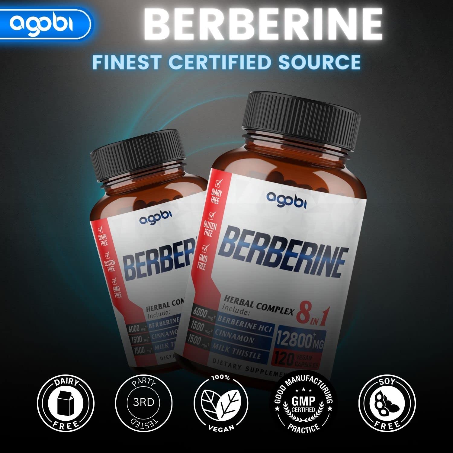 120 Capsules - Berberine Supplement 12800mg with Ceylon, Milk Thistle, Turmeric agobi