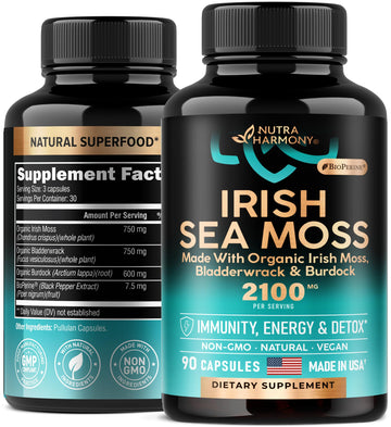 Irish Sea Moss Capsules - Made with Organic Sea Moss, Bladderwrack & Burdock Root - Made in USA - Advanced Superfood - Natural Multi Supplements Blend - Immunity & Energy Support - 90 Vegan Capsules NUTRAHARMONY