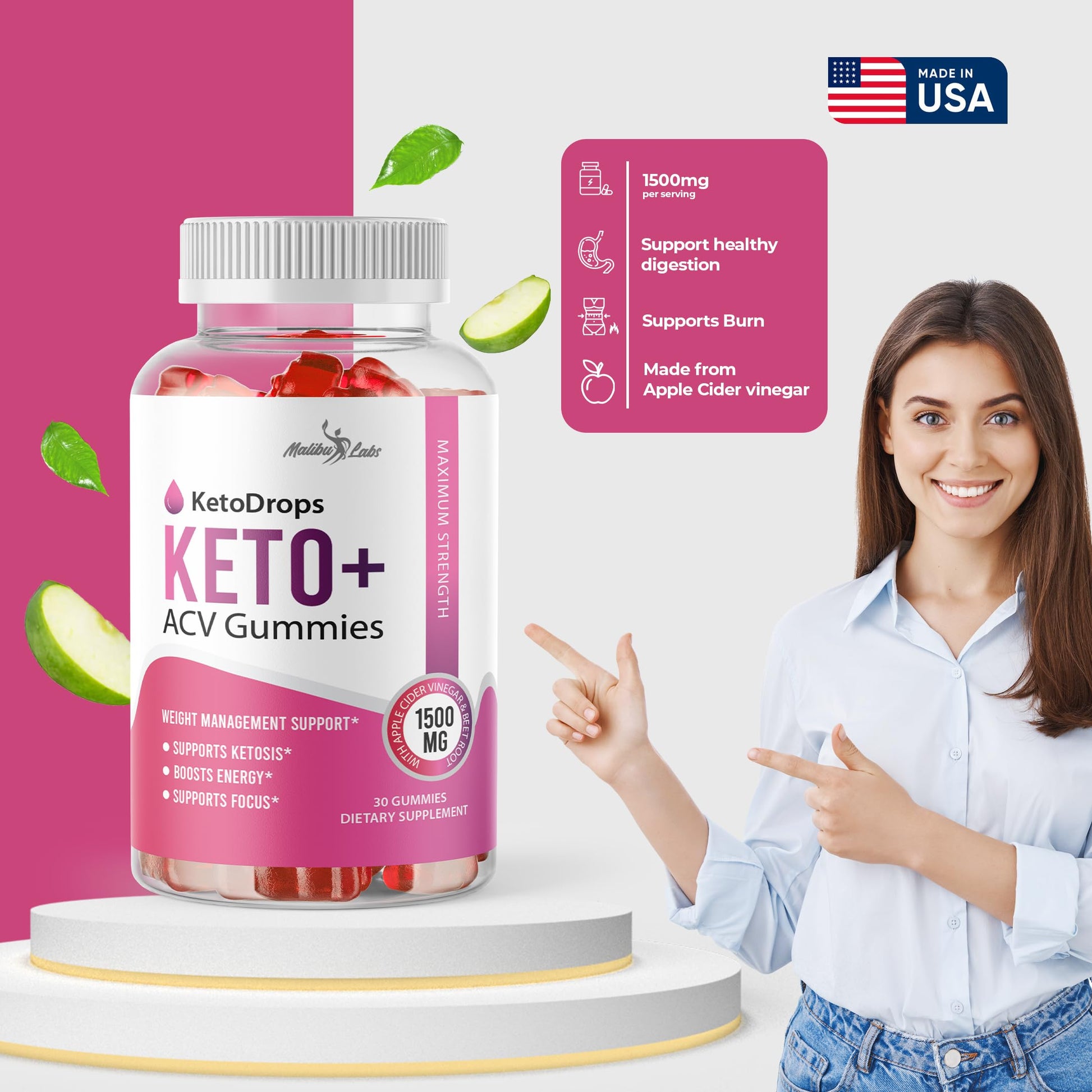 Keto Drops ACV Gummies Weight Loss - 1500mg Once a Day, Strong Time Released Malibu Labs