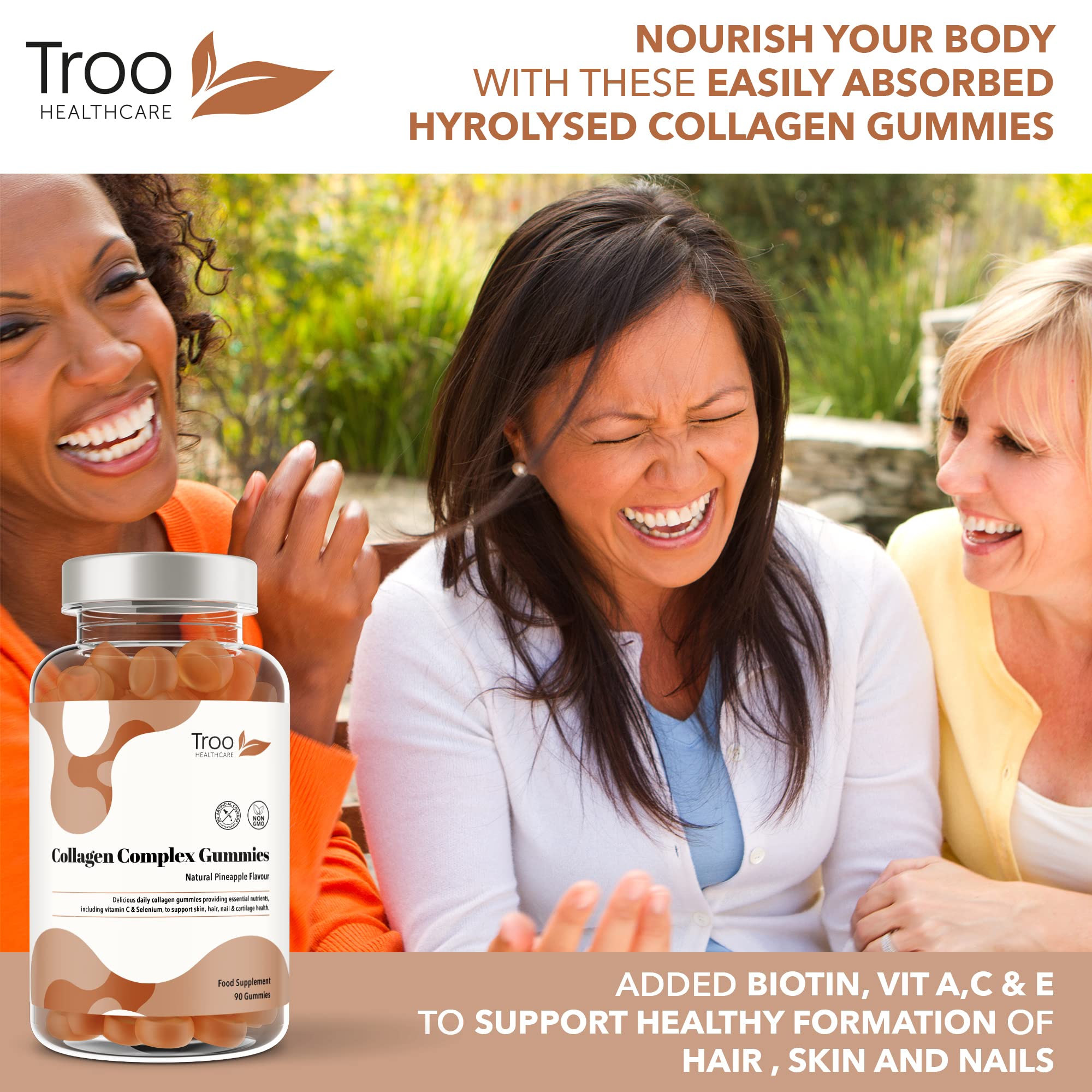 Hydrolysed Collagen Complex - 90 Natural Pineapple Flavour Chewable Gummies - One Per Day with Biotin, Vitamin C and Selenium Troo Health Care