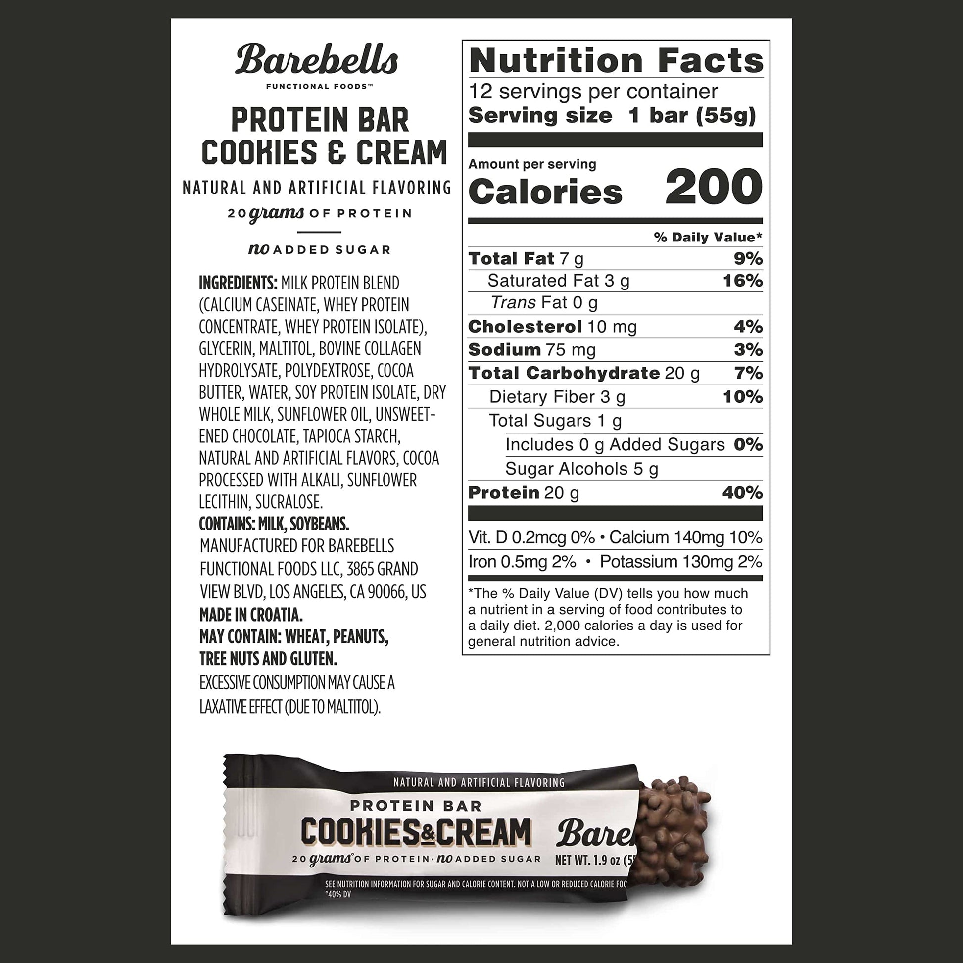Barebells Protein Bars Cookies & Cream - 12 Count, 1.9oz Bars - Protein Snacks with 20g BAREBELLS