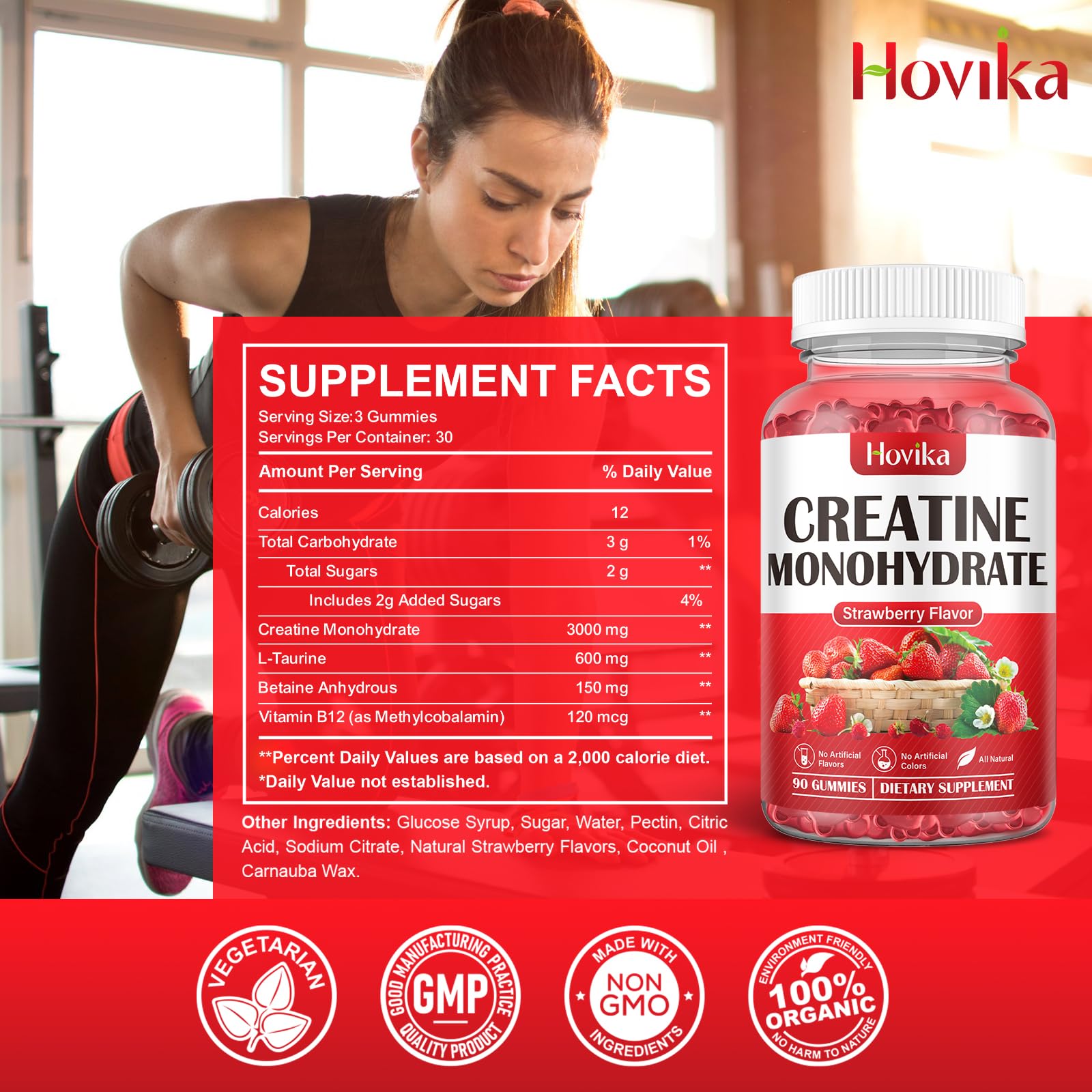 Hovika Creatine Monohydrate Gummies for Men & Women, Chewable 3g Creatine Monohy Hovika