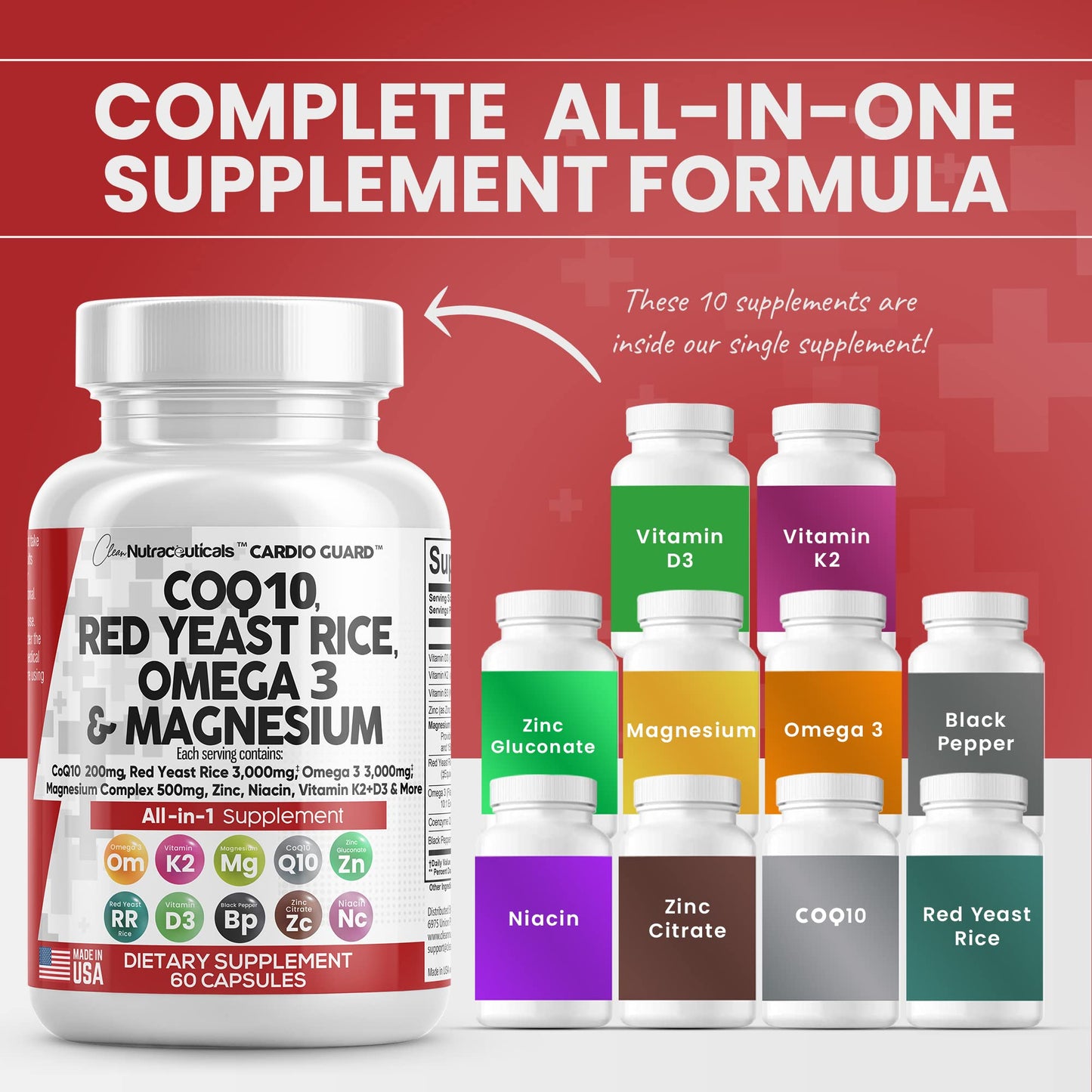 COQ10 200mg Red Yeast Rice 3000mg Omega 3 3000mg Magnesium