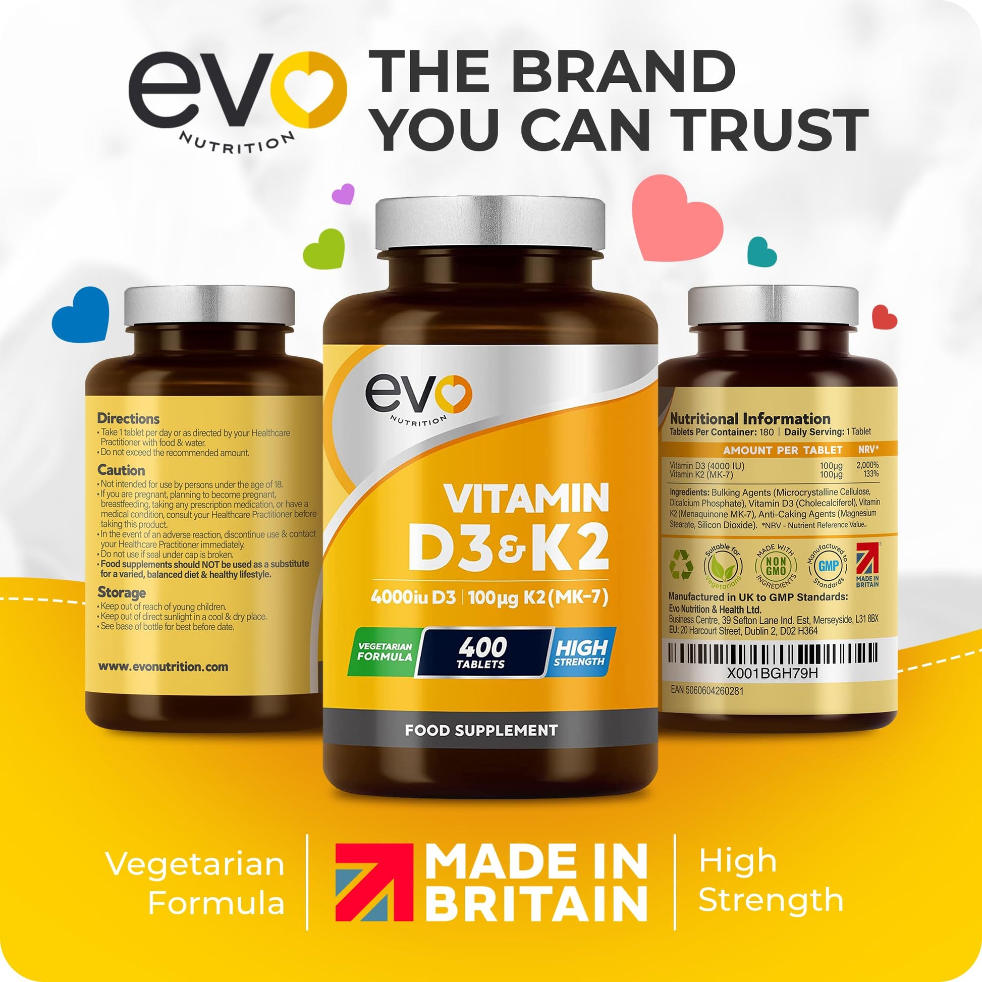 Vitamin D3 4000iu & Vitamin K2 100ug MK7 | 400 Vegetarian Tablets - 1 Year Supply EVO NUTRITION