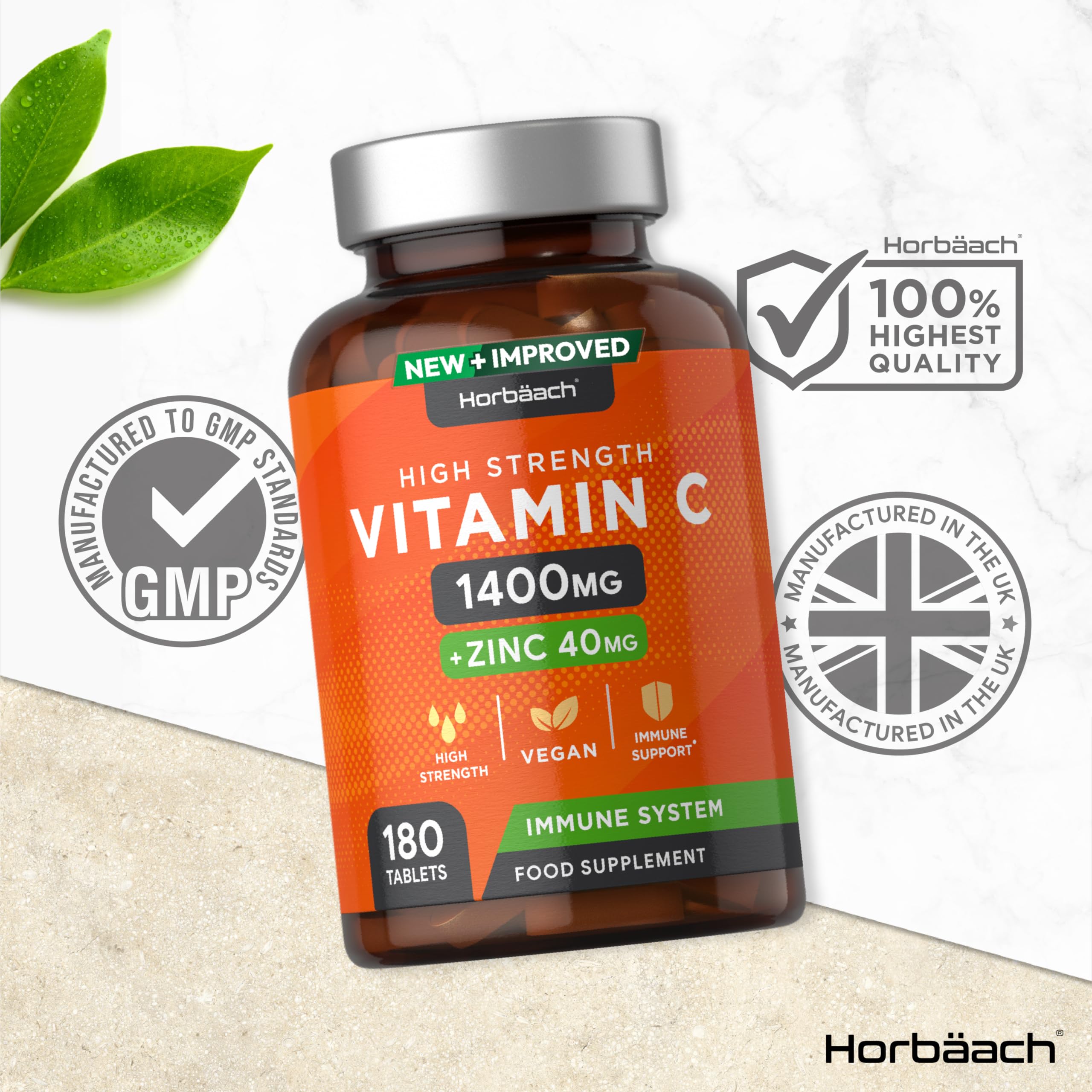 Vitamin C and Zinc | 180 Vegan Tablets | High Strength Vitamin C 1400mg and Zinc 40mg Horbäach