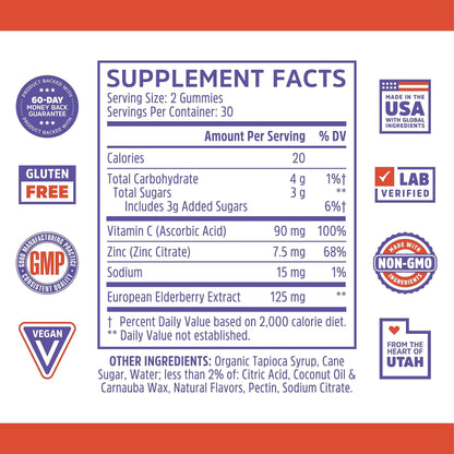 Zhou Nutrition Elder-Mune Sambucus Elderberry Gummies with Zinc and Vitamin C & vH