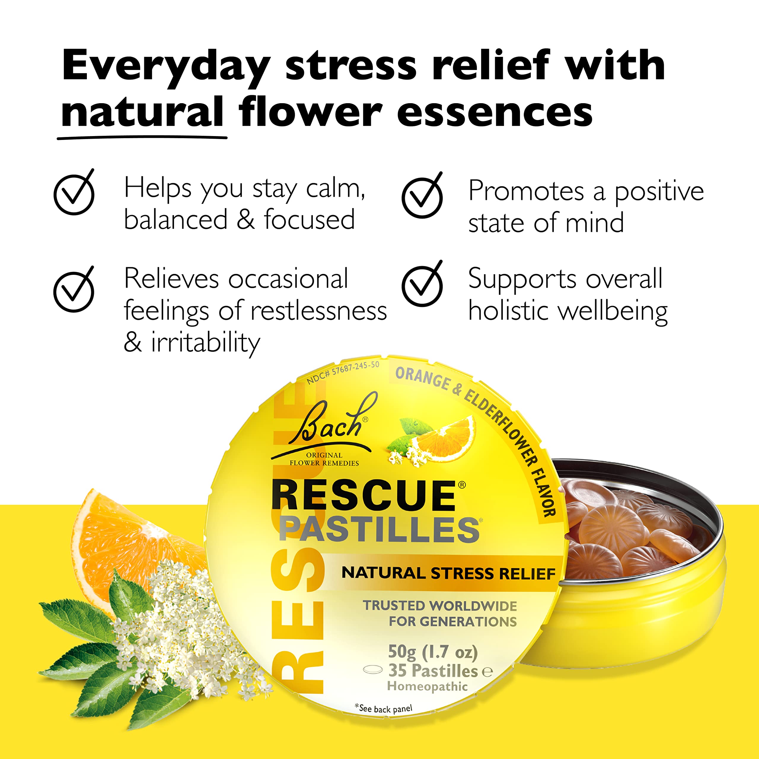 Bach RESCUE PASTILLES, Orange and Elderflower Flavor, Natural Stress RESCUE