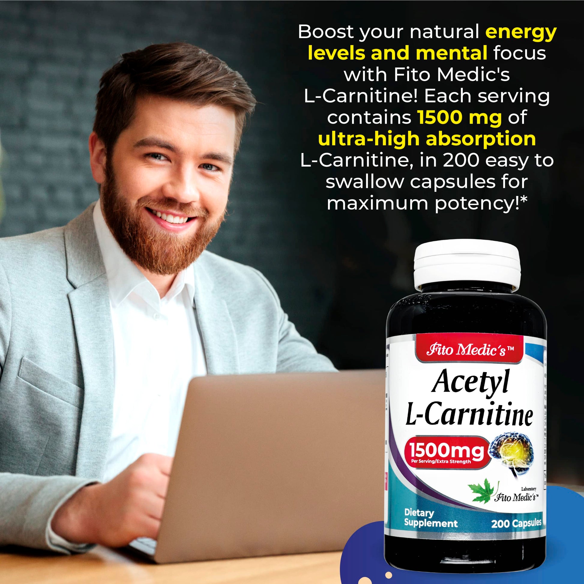 Lab - l carnitine - 1500 mg per Serving, 200 Capsules, l-carnitine - High Potency of - Acetyl FITO MEDIC'S