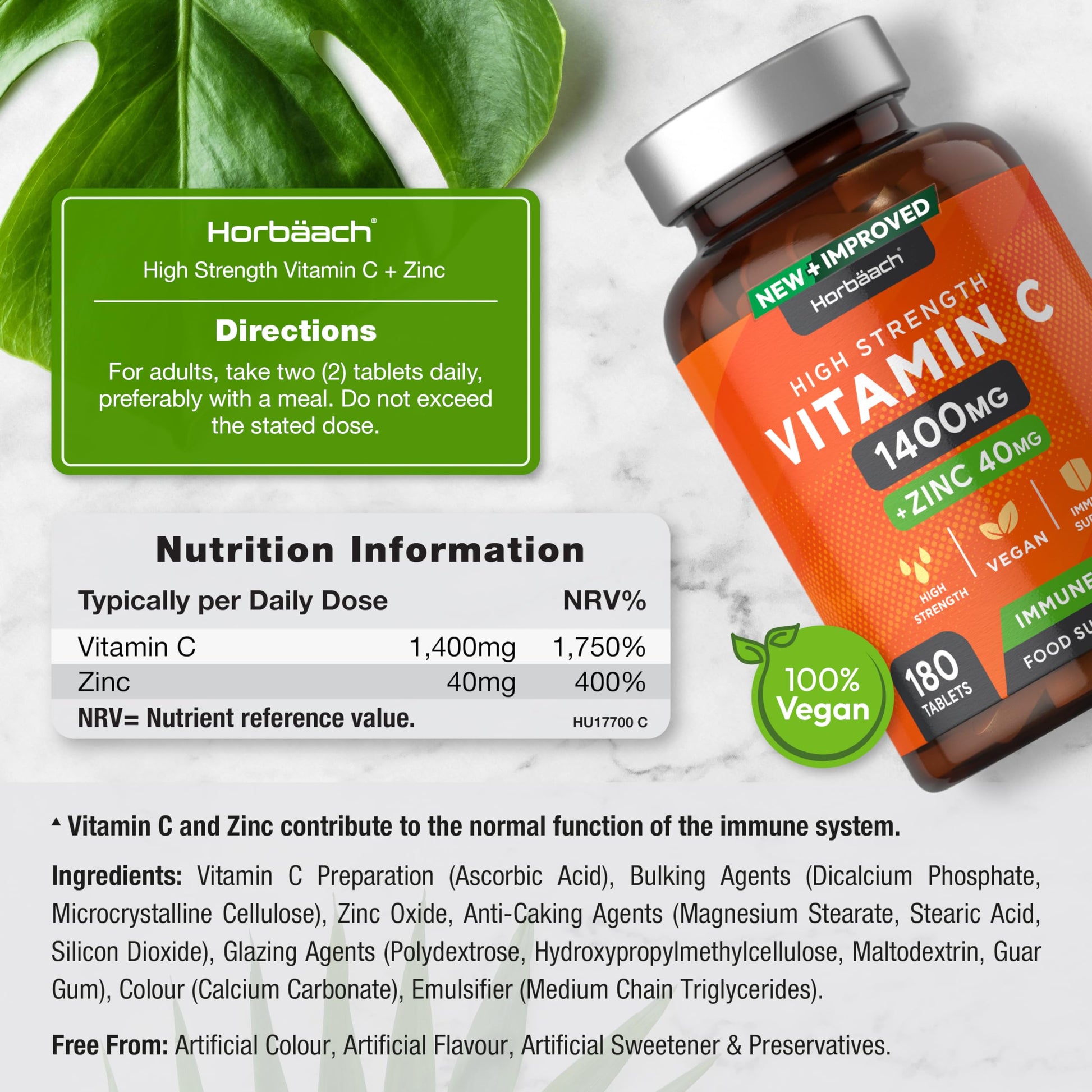 Vitamin C and Zinc | 180 Vegan Tablets | High Strength Vitamin C 1400mg and Zinc 40mg Horbäach