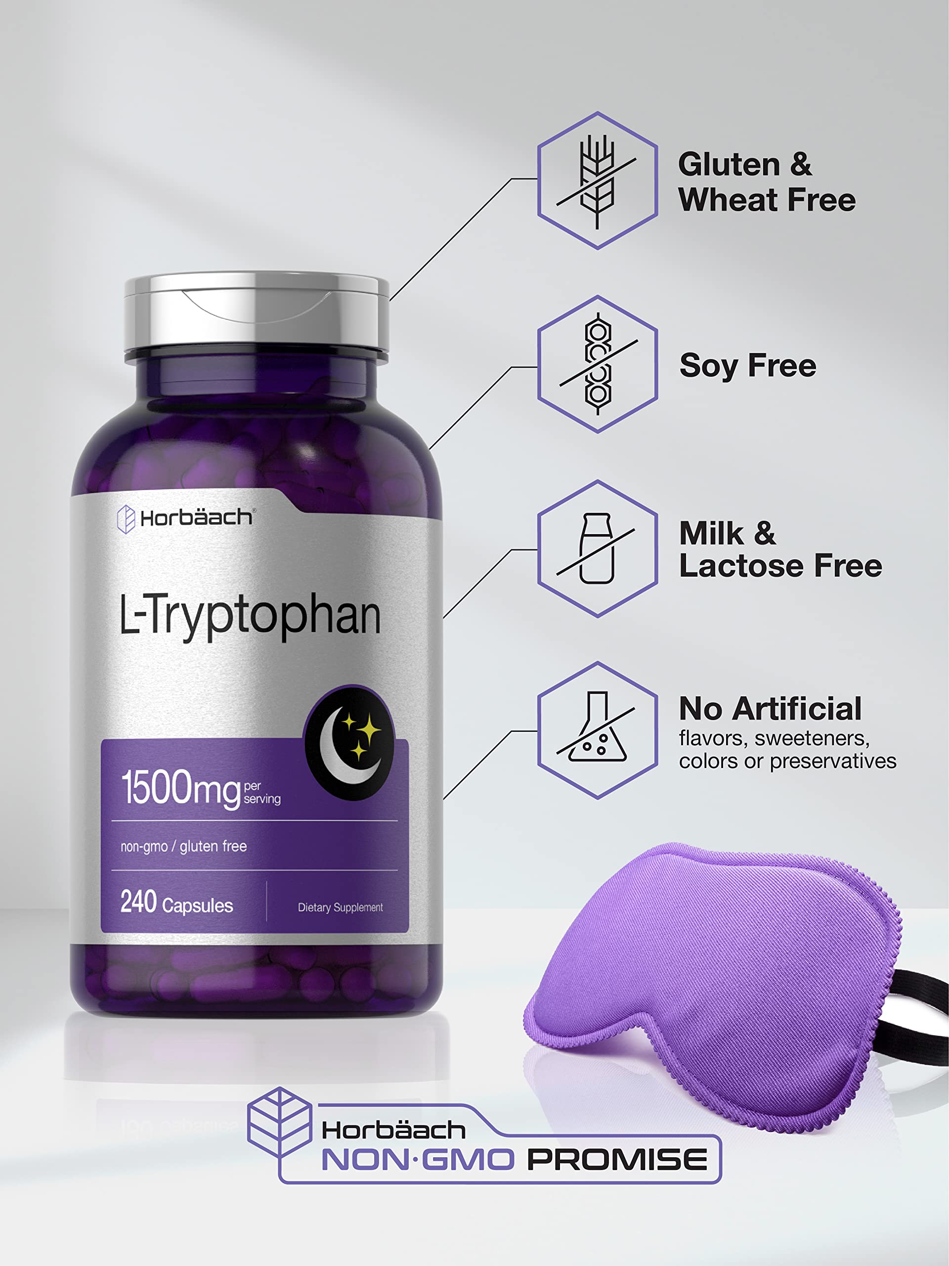 L Tryptophan 1500mg Capsules | 240 Count | Nighttime Formula | Non-GMO, Gluten Free Horbäach