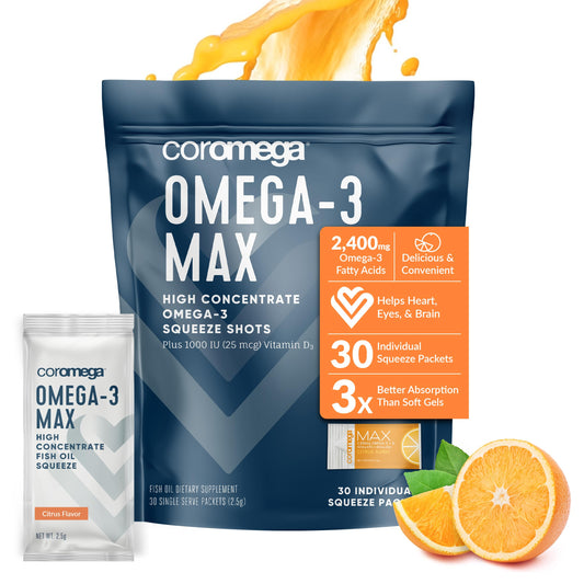 Coromega MAX High Concentrate Omega 3 Fish Oil, 2400mg Omega-3s with 3X Better 