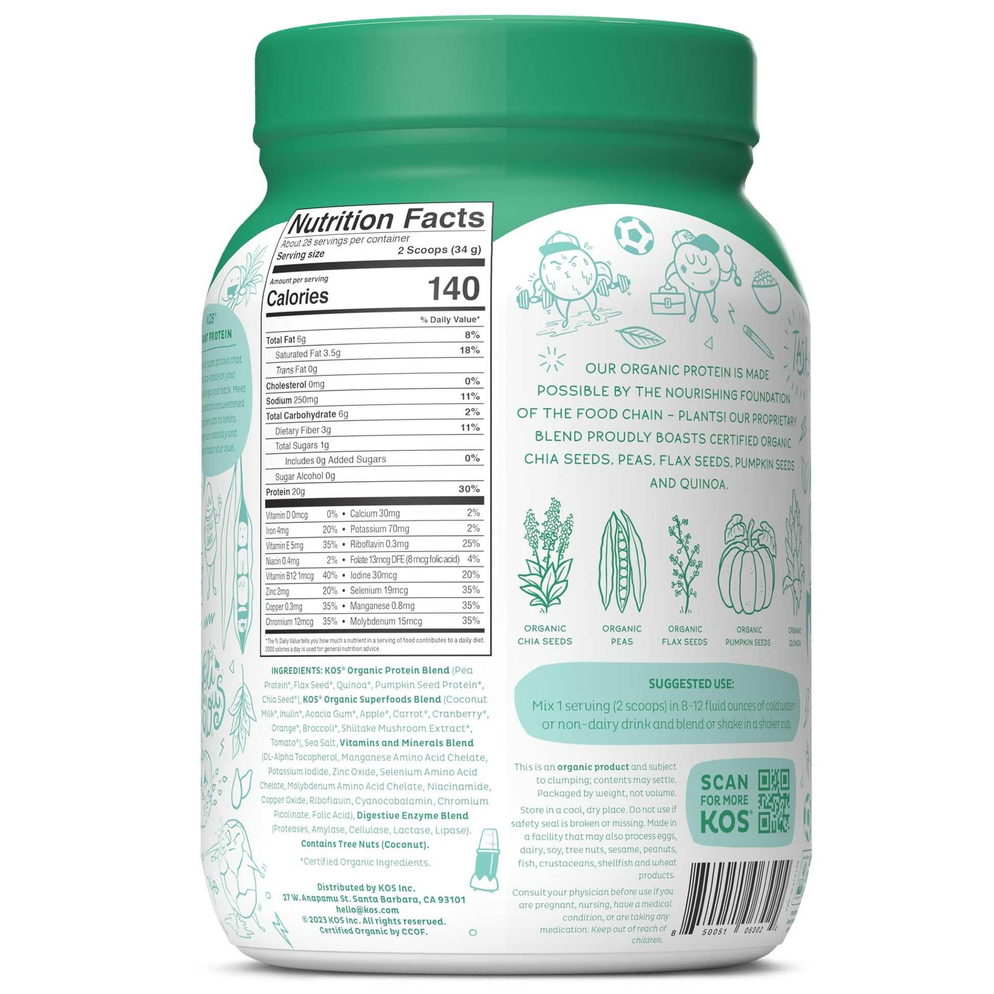 KOS Vegan Protein Powder, Unflavored & Unsweetened - Low Carb Pea Protein Blend KOS