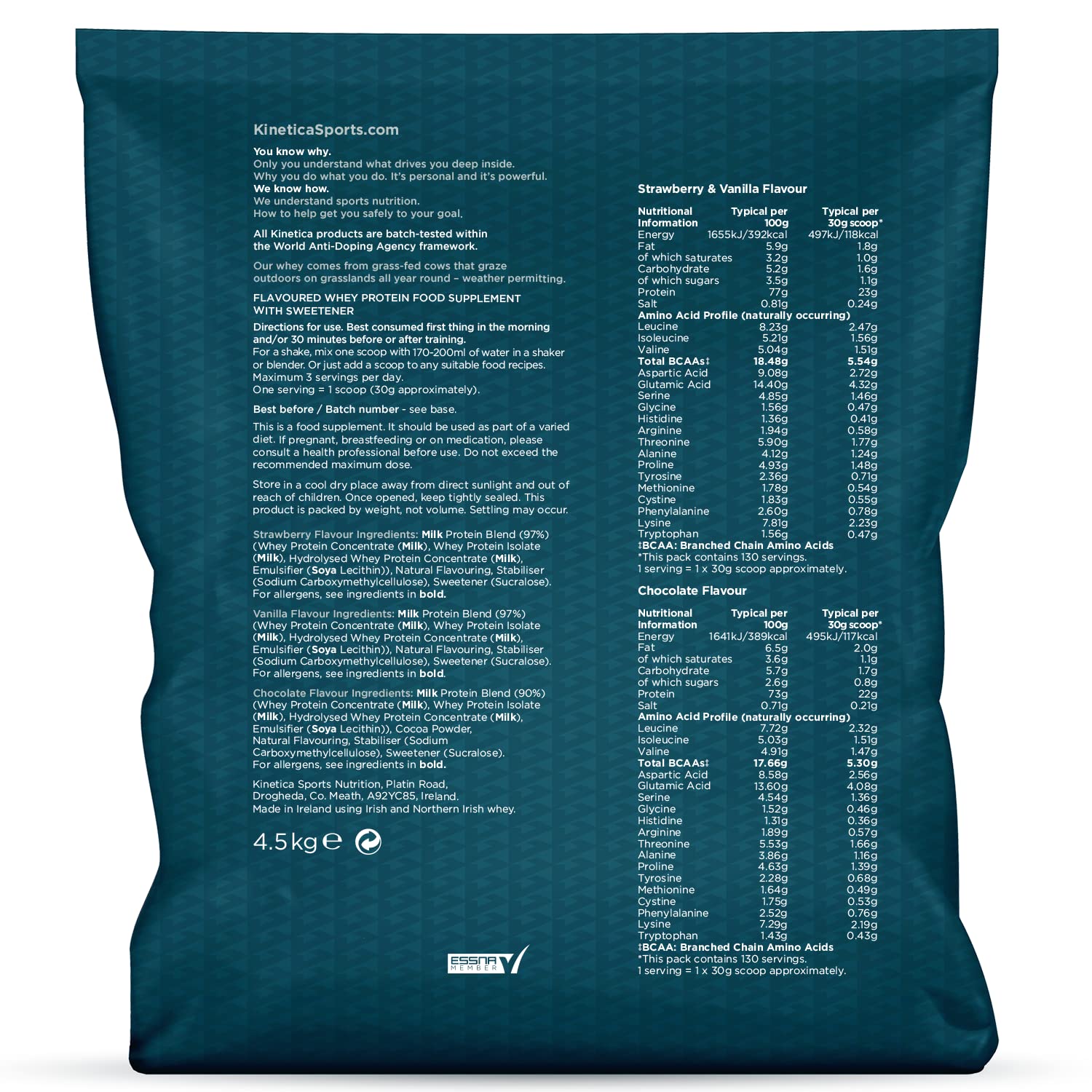 Kinetica Premium Whey Protein Powder | Grass Fed | Chocolate | 4.5kg | 150 Servings Kinetica