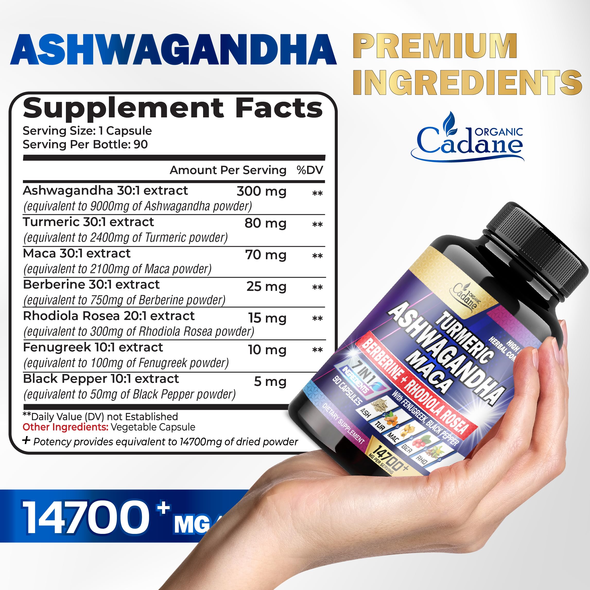 Ashwagandha Supplements 14700mg - Memory, Immune System & Strength Support Organic Cadane