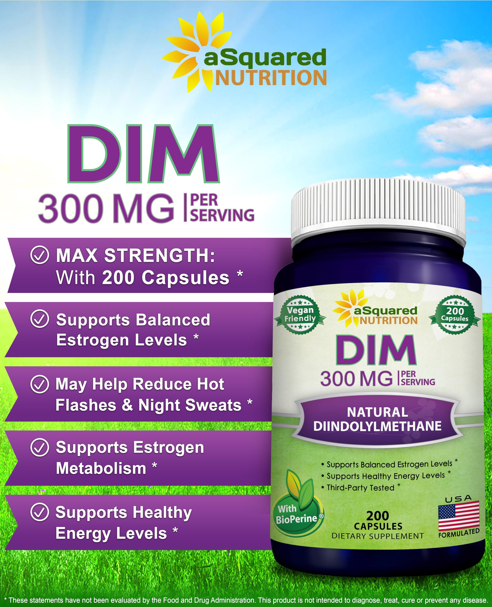 aSquared Nutrition DIM Supplement 300mg Plus BioPerine - 200 Veggie Capsules - Diindolylmethane DIM Max aSquared Nutrition