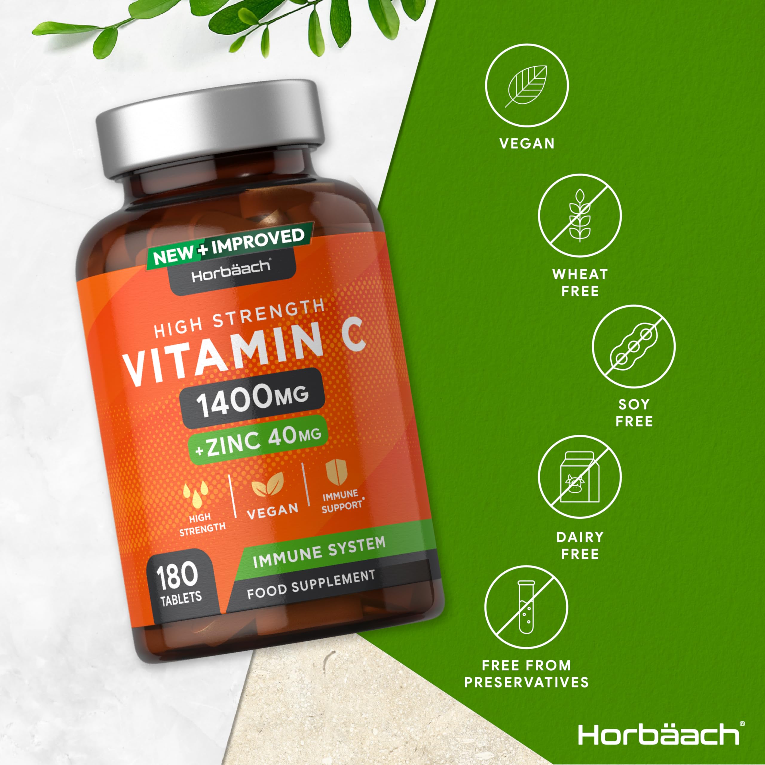 Vitamin C and Zinc | 180 Vegan Tablets | High Strength Vitamin C 1400mg and Zinc 40mg Horbäach